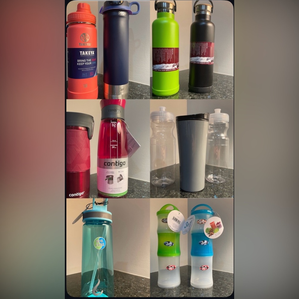 Lot of Insulated Water Bottles, snack cups, and drink bottles